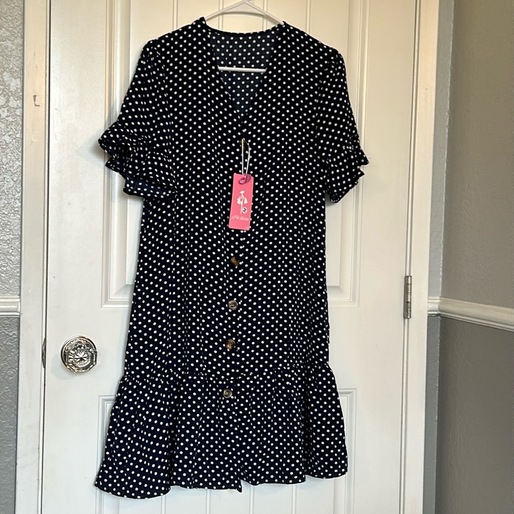 NWT Fashion polkadot blue and white mini button down V- neck ruffle dress size M